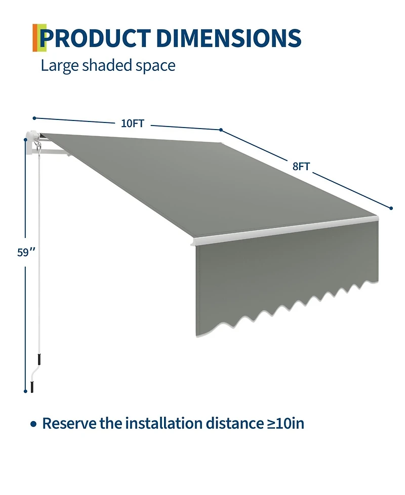 gaomon 10'x8inches Retractable Waterproof Patio Awning, Sun Shade Awning with Manual Crank Handle,