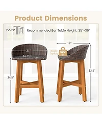 Sugift Set of 2 Acacia Wood Rattan Bar Stools with Backrest and Footrest