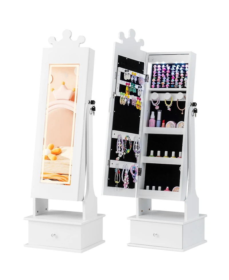Sugift Kids Lighted Jewelry Armoire with Full-Length Mirror and Interior Led Lights