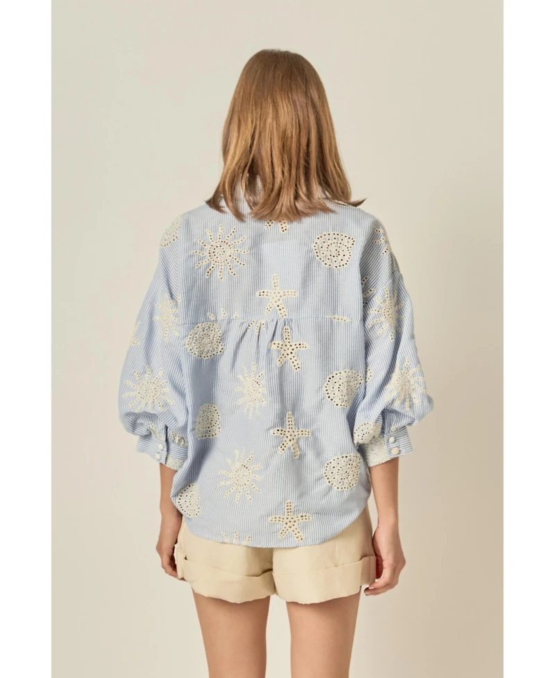 English Factory Women's Striped Embroidery Detail Volume Sleeve Shirt