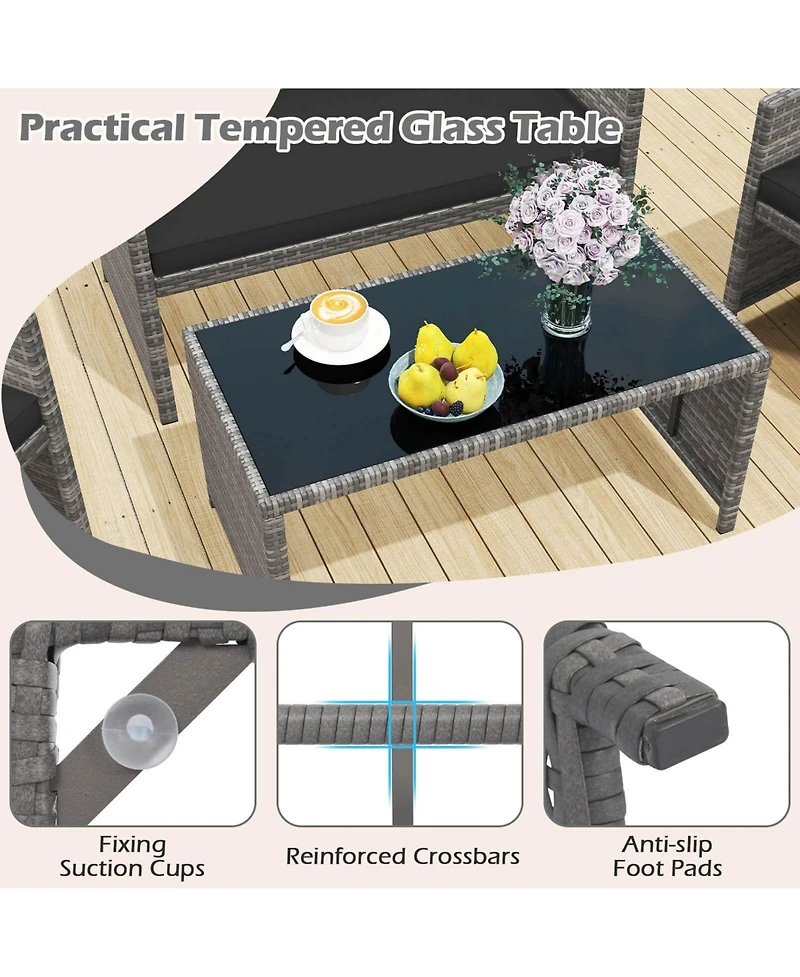 Costway Patio Furniture Set with Tempered Glass Coffee Table Loveseat Single Sofas