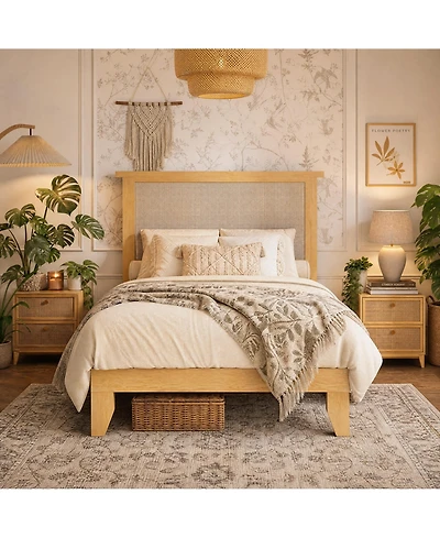 gaomon Rattan Bed Frame with Solid Wood Foundation & Natural Rattan Headboard and Led Lights