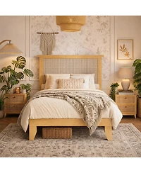 gaomon Rattan Bed Frame with Solid Wood Foundation & Natural Rattan Headboard and Led Lights