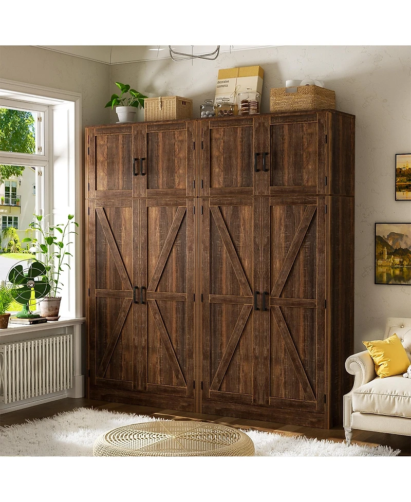Aheaplus 71" Tall Wooden Pantry Cabinet with Shelves, Kitchen Storage 4 Barn Doors