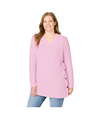 Woman Within Plus Size Side Button V-Neck Waffle Knit Sweater