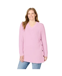 Woman Within Plus Size Side Button V-Neck Waffle Knit Sweater