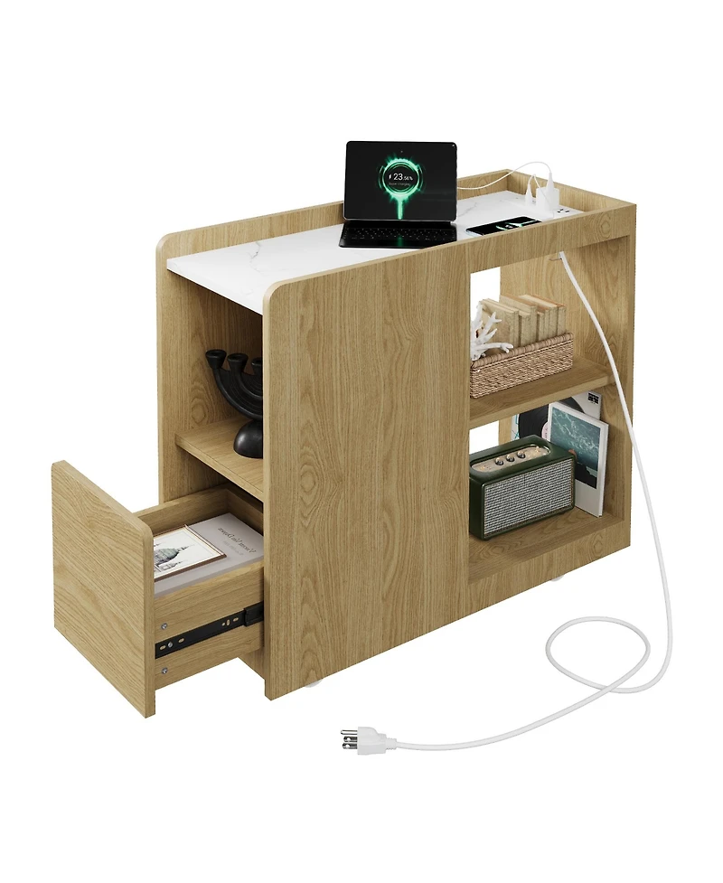 homfan End Table with Charging Station, Mobile Side Table with Drawer and Adjustable Shelf, Locking Wheels Nightstand for Living Room or Bedroom
