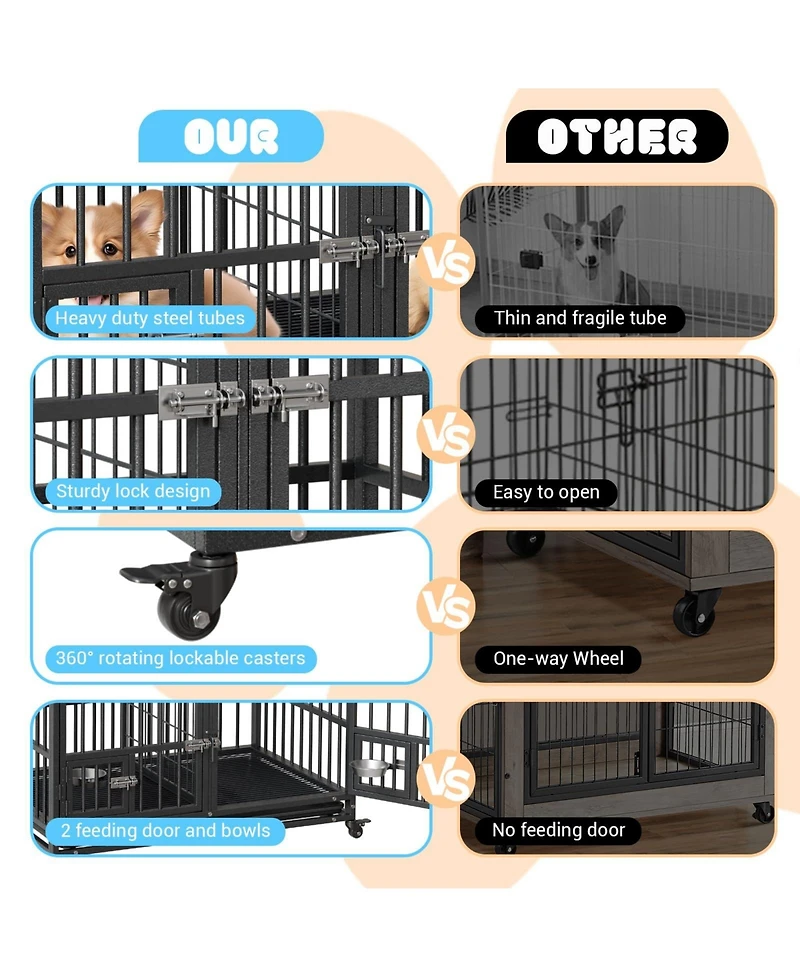 gaomon 42 inch Heavy Duty Dog Crate, Large Metal Dog Crate with 2 Feeding Door and Blows, Pet Cage House with Removable Tray and Wheels for s/m/l Dogs