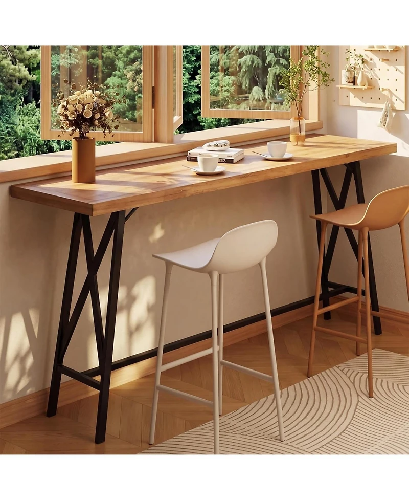 Tribesigns Solid Wood Bar Table with Metal Footrest, 63 Inch Long Counter Height Pub Table Industrial Tall Bistro Tables
