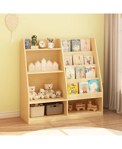 Rainsken Kids Bookshelf and Toy Storage Organizer, 4 Tier Wooden Kids Bookcase with Display Stand for Kids Room, Playroom and Nursery