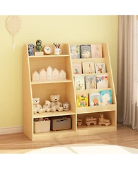 Rainsken Kids Bookshelf and Toy Storage Organizer, 4 Tier Wooden Kids Bookcase with Display Stand for Kids Room, Playroom and Nursery