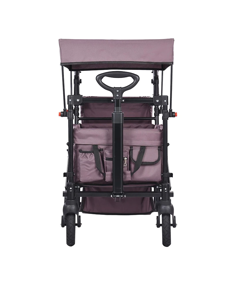 Rainsken Wagon Stroller for 2 Kids, Push Pull Collapsible Utility Cart with Adjustable Handle, Encircling Harness and Removable Canopy for Outdoors