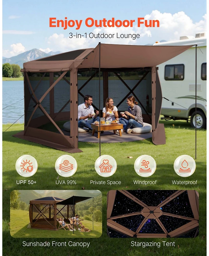 Cozito Pop Up Gazebo Screen Tent, 12 x 12 feet 6-Sided Canopy with Carry Bag
