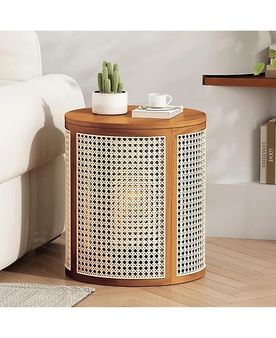 Rainsken Round Solid Wood Nightstand, Hollow Woven Bedside Table, Compact Accent End Table for Living Room, Bedroom