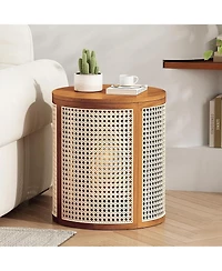 Rainsken Round Solid Wood Nightstand, Hollow Woven Bedside Table, Compact Accent End Table for Living Room, Bedroom