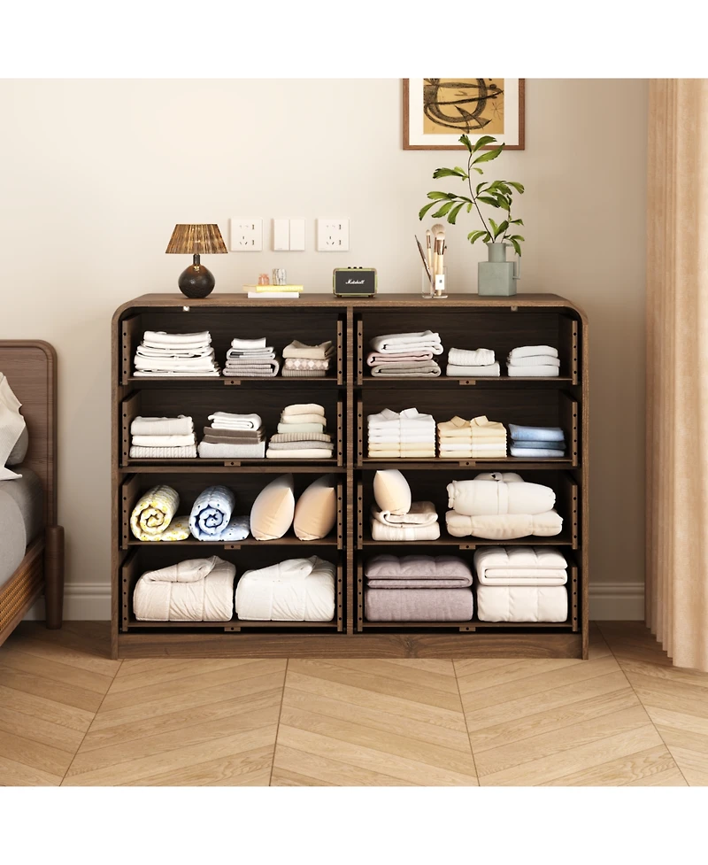 Rainsken 8 Drawer Double Dresser, Rattan Wide Particle Board Chest, Space Saving Storage Organizer