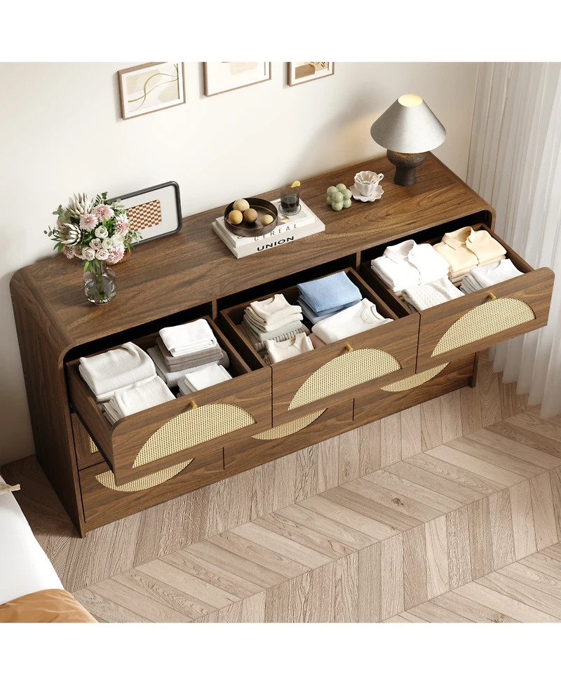 Rainsken 9 Drawer Dresser, Rattan Wide Particle Board Chest, Space Saving Storage Organizer