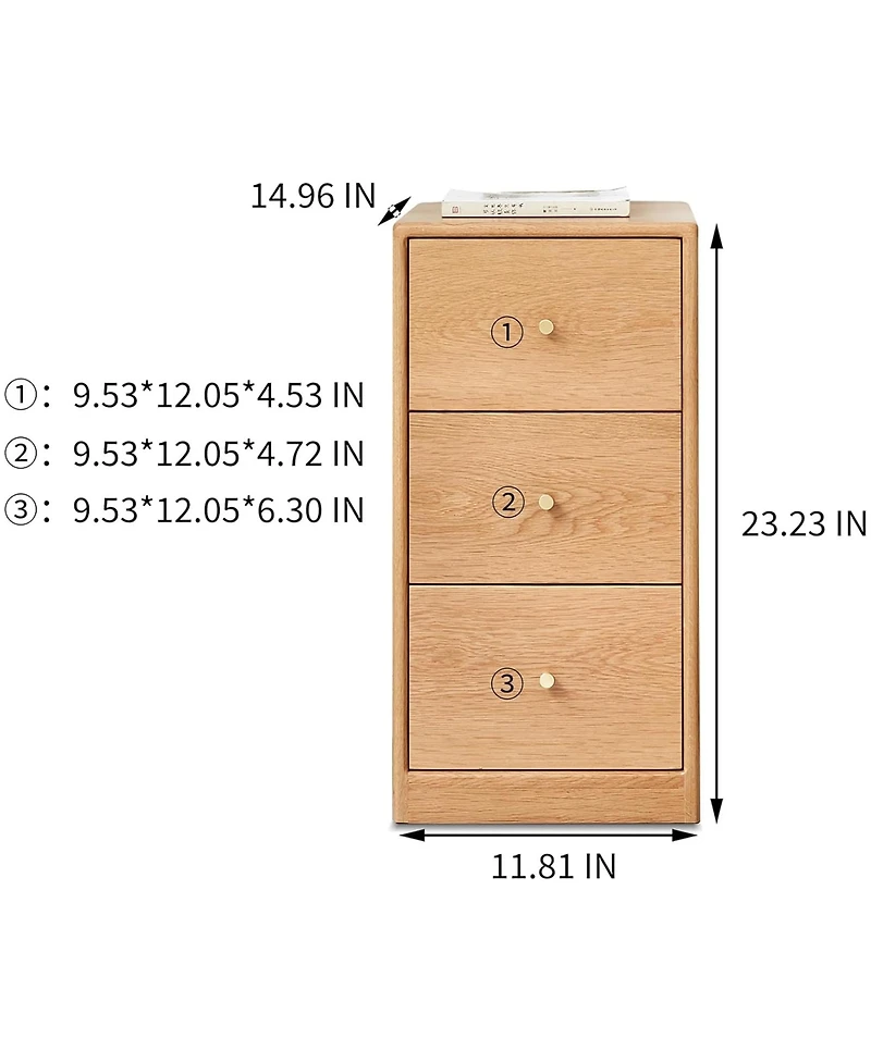 Rainsken Solid Oak Nightstand, Narrow 3-Drawer Cabinet, Freestanding Bedside Table, End Table, Storage Cabinet for Living Room, Bedroom