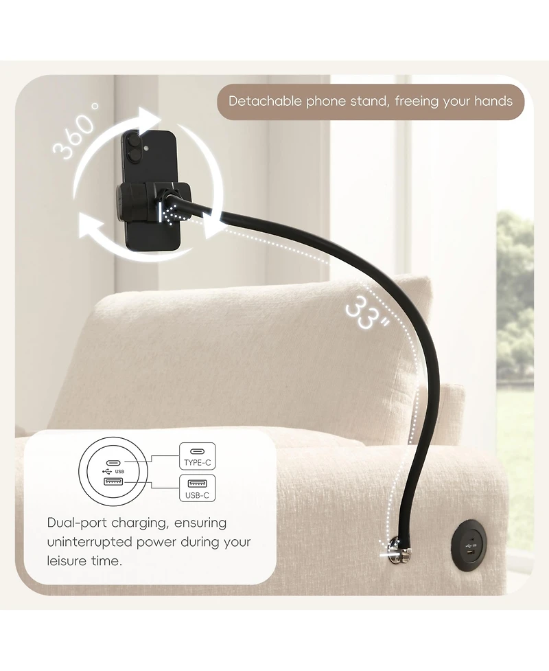 Rainsken 37" Single Sofa with Storage Ottoman, Chenille Armchair - Adjustable Phone Holder, Dual-Port Charger and Side Pockets for Living Room
