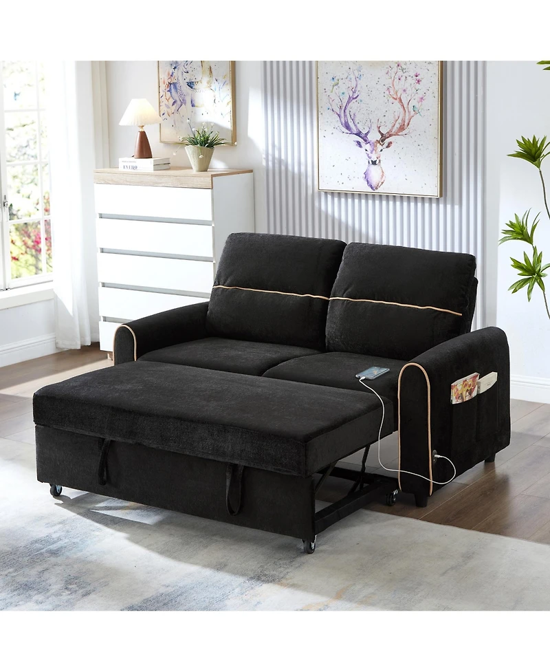 Rainsken Convertible Sofa Bed, Chenille Pull Out Sleeper Couch with Adjustable Backrest, 4 Side Pockets and Charging Ports for Living Room