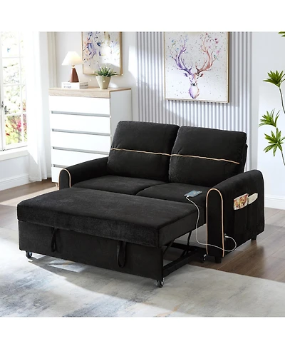 Rainsken Convertible Sofa Bed, Chenille Pull Out Sleeper Couch with Adjustable Backrest, 4 Side Pockets and Charging Ports for Living Room