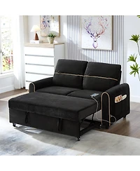 Rainsken Convertible Sofa Bed, Chenille Pull Out Sleeper Couch with Adjustable Backrest, 4 Side Pockets and Charging Ports for Living Room