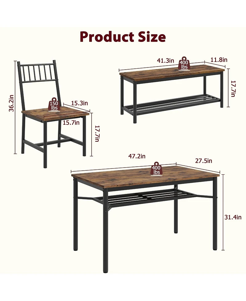 gaomon 4 Piece Dining Table Set, Rectangular Kitchen Set with Upholstered Chair & Storage Benches