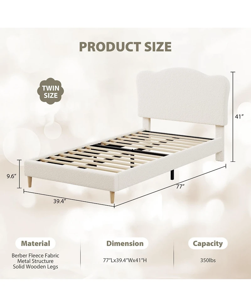 gaomon Twin Velvet Upholstered Platform Bed Frame with Cute Headboard, Wooden Slat Support, No Box Spring Needed
