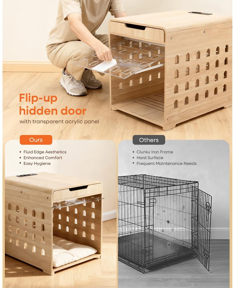 Sugift 26-Inch Width Modern Oak Dog Crate Furniture with Charging Station, Large Kennel Indoor Wood Pet End Side Table Cage