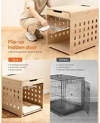 Sugift 26-Inch Width Modern Oak Dog Crate Furniture with Charging Station, Large Kennel Indoor Wood Pet End Side Table Cage