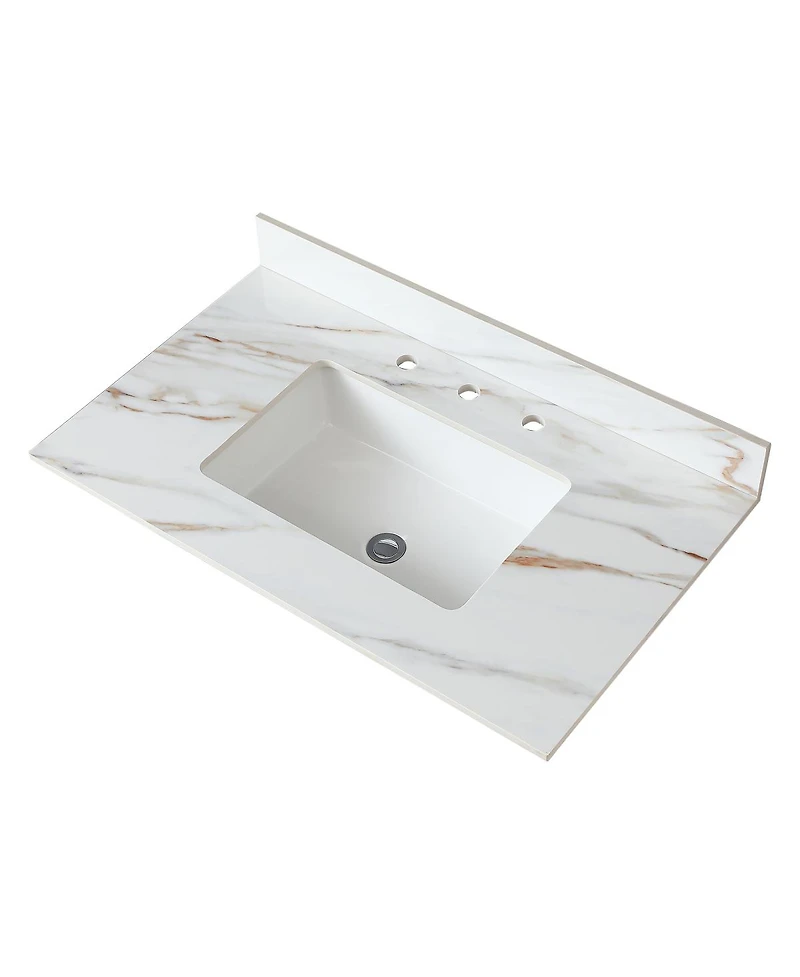 Sillysis Sintered Stone Bathroom Vanity Top with Rectangular Sink, Carrara Marble Look, Water and Stain Resistant, 4" Backsplash
