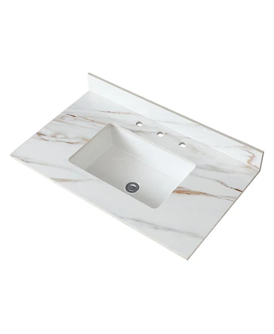 Sillysis Sintered Stone Bathroom Vanity Top with Rectangular Sink, Carrara Marble Look, Water and Stain Resistant, 4" Backsplash