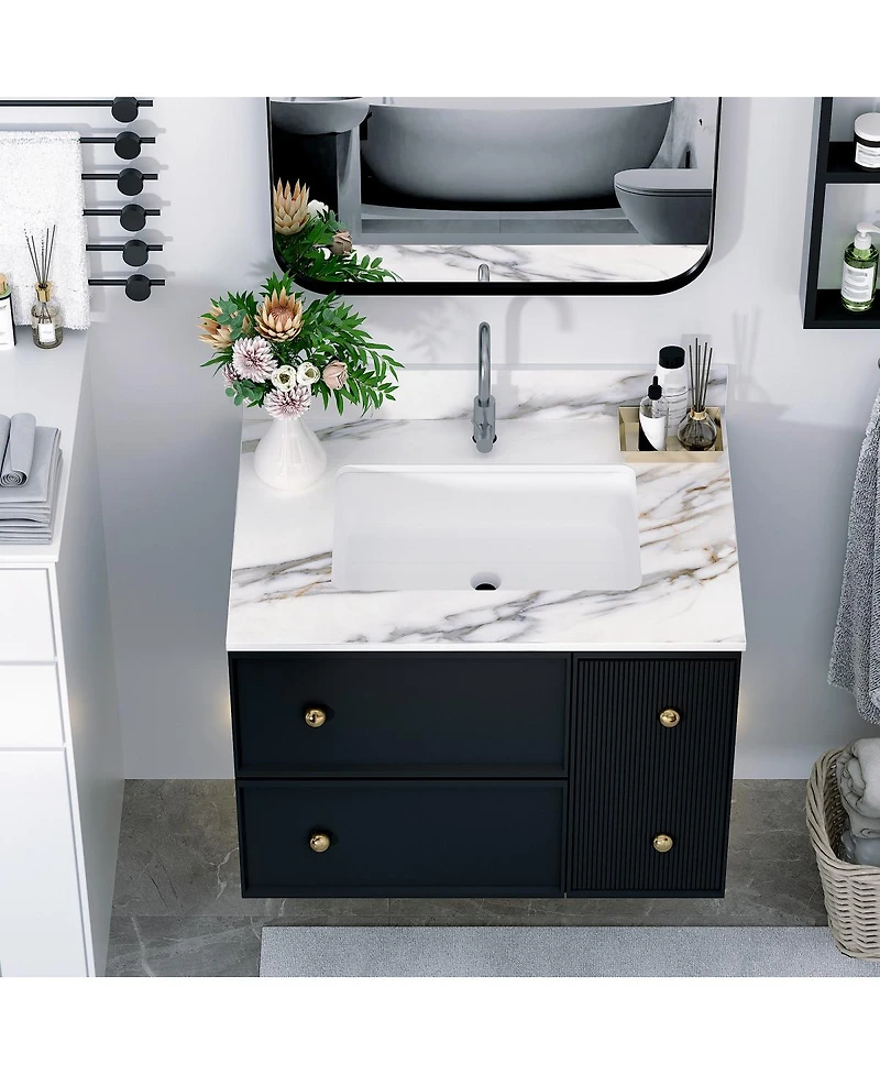 Sillysis Sintered Stone Bathroom Vanity Top with Ceramic Sink, Carrara Marble Look, 4" Backsplash, Water Stain and Scratch Resistant