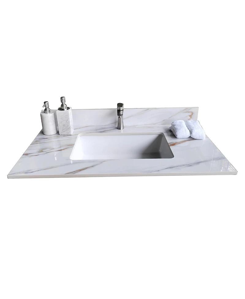 Sillysis Sintered Stone Bathroom Vanity Top with Ceramic Sink, Carrara Marble Look, 4" Backsplash, Water Stain and Scratch Resistant