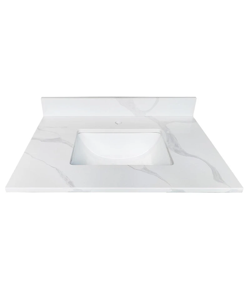 Sillysis Quartz Bathroom Vanity Top with Undermount Sink, Carrara Style, 4" Backsplash, 1 Faucet Hole, 31/37/43 Inch