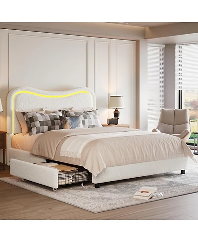 homfan Upholstered Twin Bed Frame with Led Headboard, 2 Storage Drawers, Wood Slat Support, No Box Spring Needed