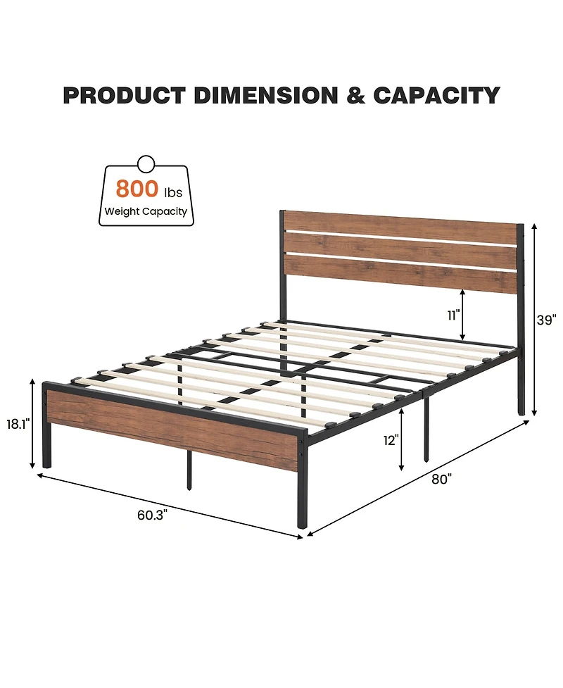 homfan Platform Bed Frame with Wooden Headboard and Footboard, Metal Slat Support, Underbed Storage, Quiet Design, No Box Spring Needed
