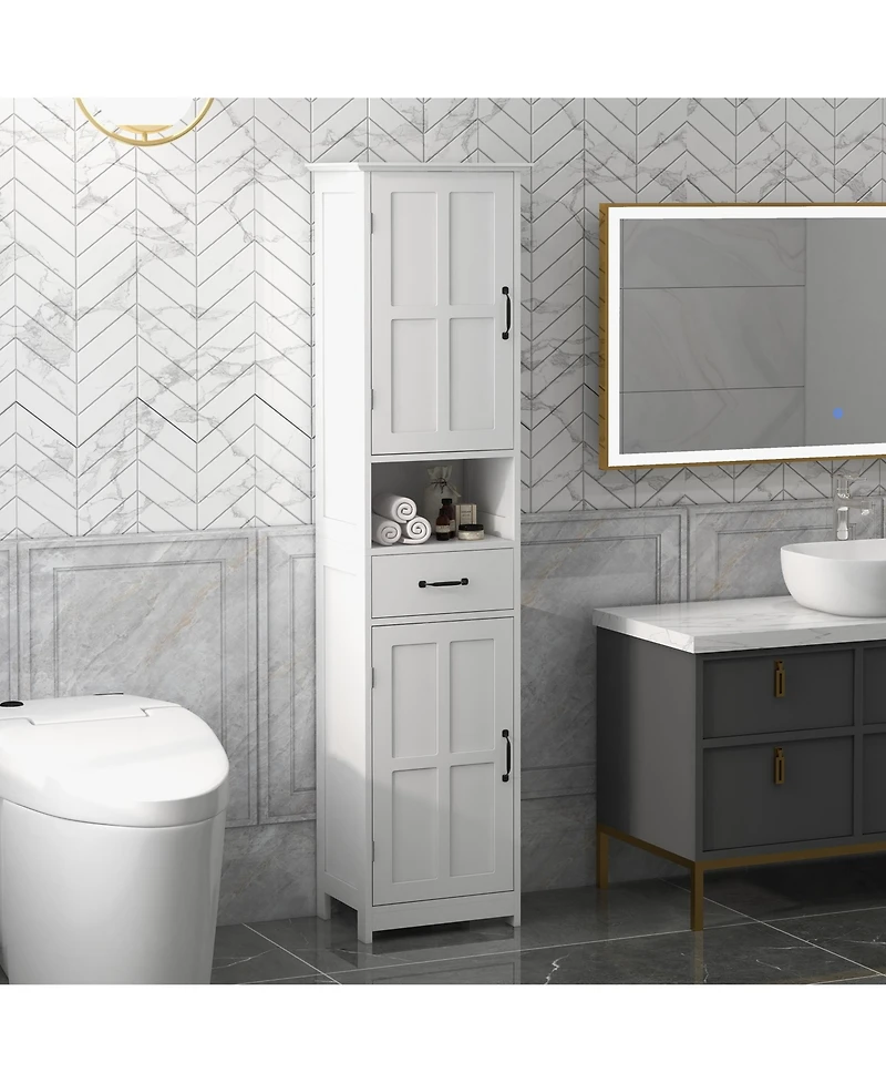Midola Slim Bathroom Storage Cabinet, Tall Bathroom Cabinet, Linen Tower with Open Shelf, Drawer, Recessed Doors, and Adjustable Shelves