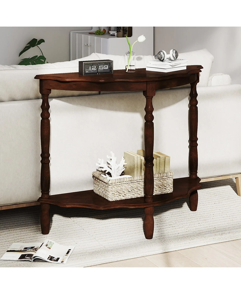 Slickblue Rubber Wood Half Moon Console Table with Storage Shelf