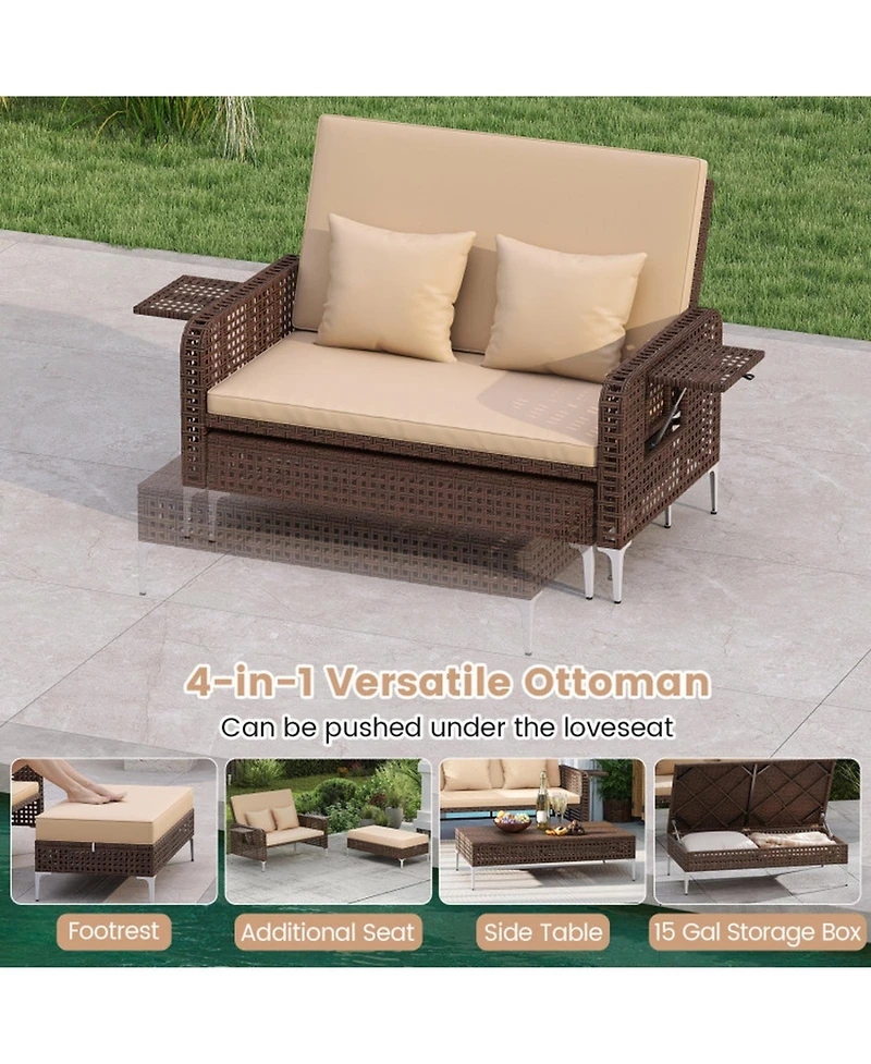 Gouun 2-Piece Rattan Daybed Set with 4-Level Adjustable Backrest and Storage Ottoman