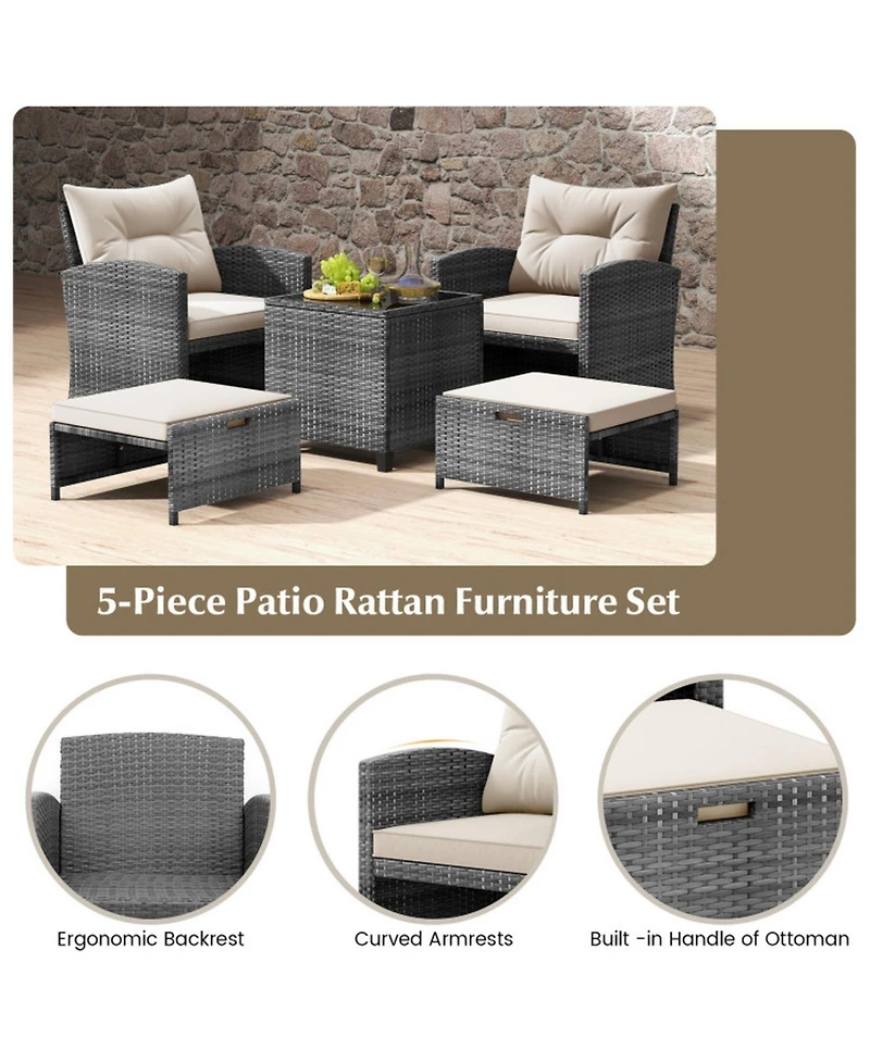 Gouun 5-Piece Wicker Patio Set with Ottomans and Glass-Top Table