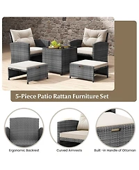 Gouun 5-Piece Wicker Patio Set with Ottomans and Glass-Top Table