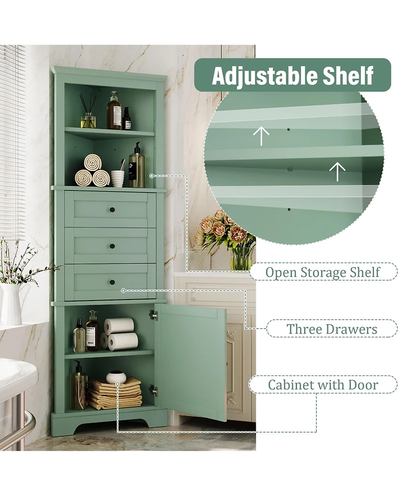 Midola Triangle Tall Cabinet with 3 Drawers and Adjustable Shelves for Bathroom, Kitchen or Living Room, Mdf Board with Painted Finish