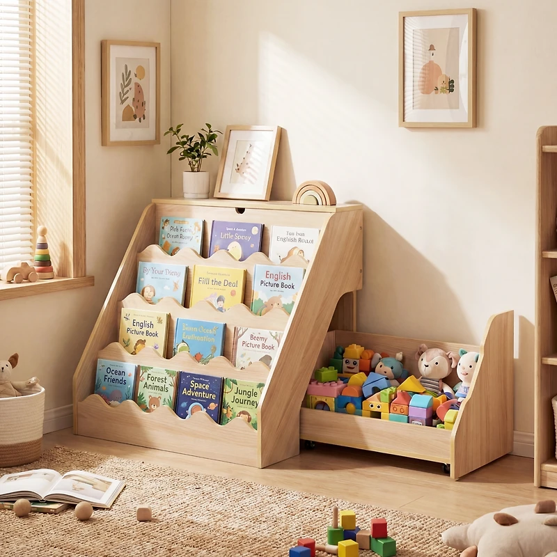 Costway Kids Bookshelf and Toy Storage Organizer with Rolling Drawer Cart, 4 Tier Book Shelf