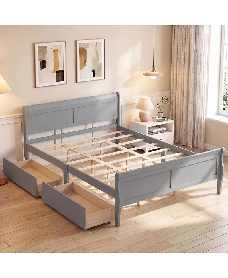 Slickblue Wooden Bed Frame with Built-In Storage Drawers and Footboard