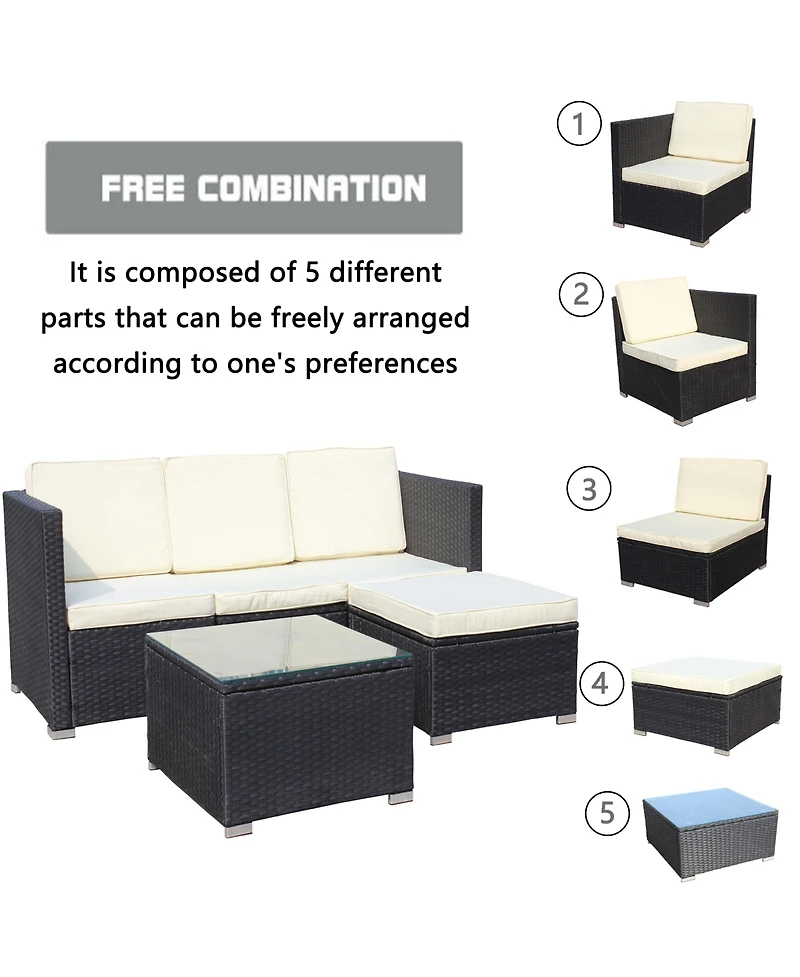 Clihome 5 Piece Pe Rattan Patio Furniture Set, Outdoor Wicker Sectional Sofa with Cushion, Tempered Glass Coffee Table and Ottoman