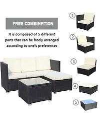 Clihome 5 Piece Pe Rattan Patio Furniture Set, Outdoor Wicker Sectional Sofa with Cushion, Tempered Glass Coffee Table and Ottoman
