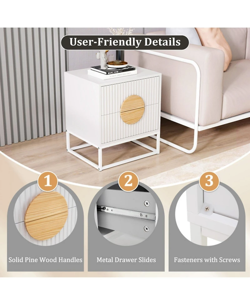 Gouun Mid-Century Fluted 2-Drawer Nightstand with Pine Wood Handles