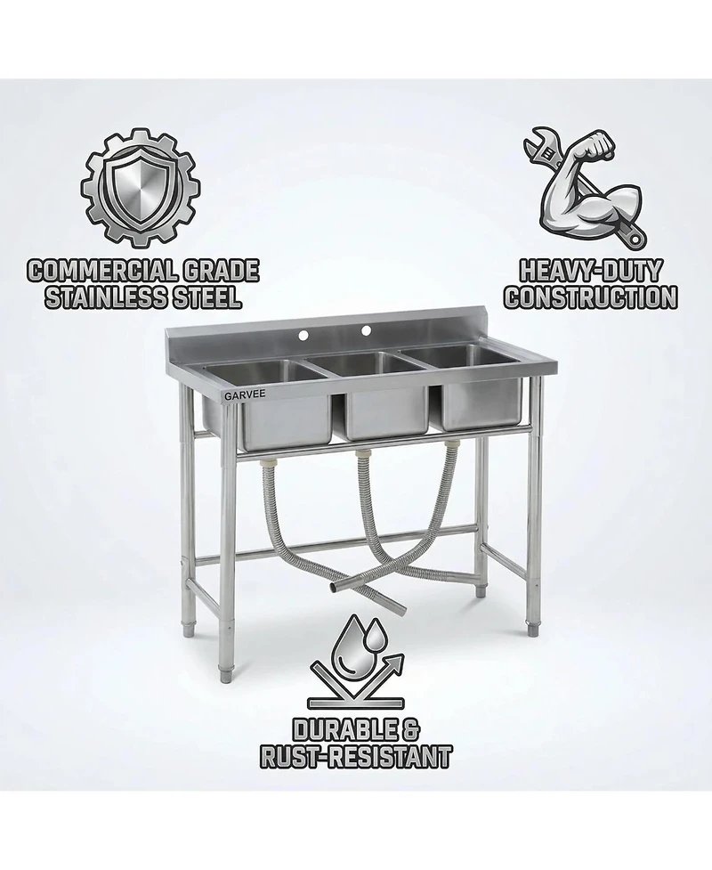 Gaomon Freestanding 3-Bowl Stainless Steel Utility Sink Commercial Triple Compartment Sink with Legs and Backsplash