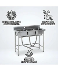 Gaomon Freestanding 3-Bowl Stainless Steel Utility Sink Commercial Triple Compartment Sink with Legs and Backsplash